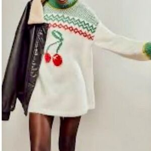 NWT Free People Cherry Sweater Dress cream green red Size Large